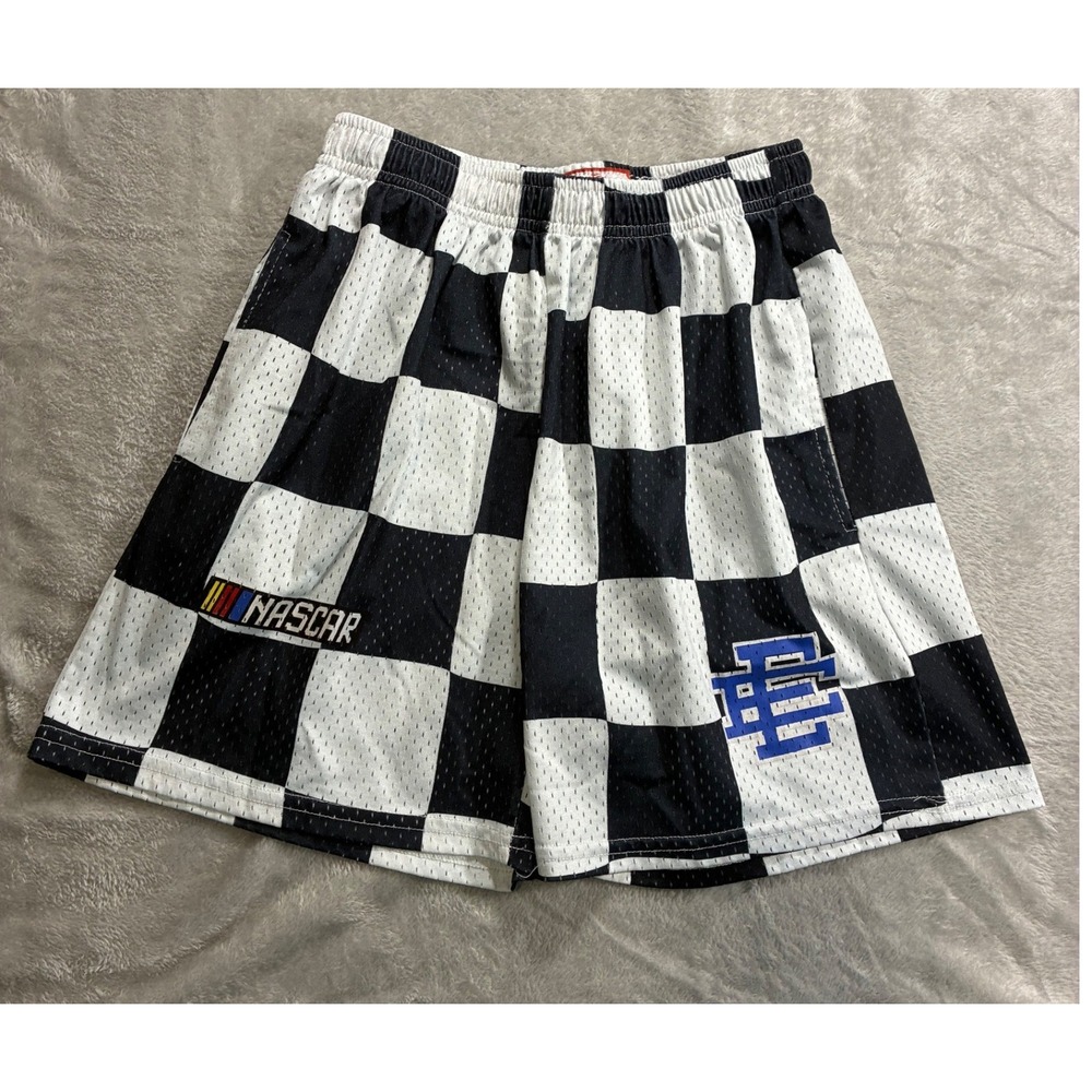 Eric Emanuel NASCAR Checkered Mesh Shorts Black White EE Logo Mens Medium